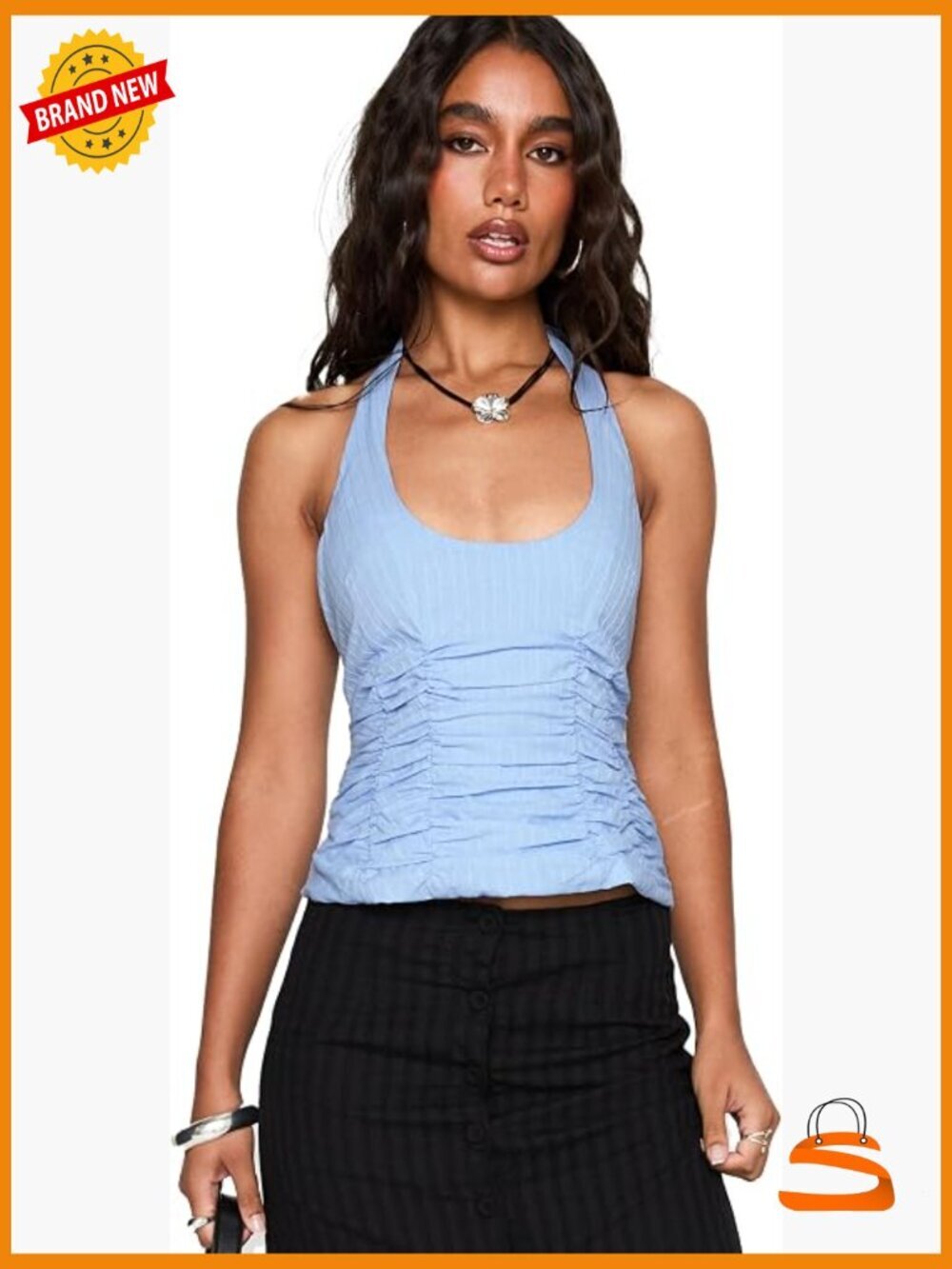 Scoop Neck Ruched Halter Top Adjustable Straps Cotton